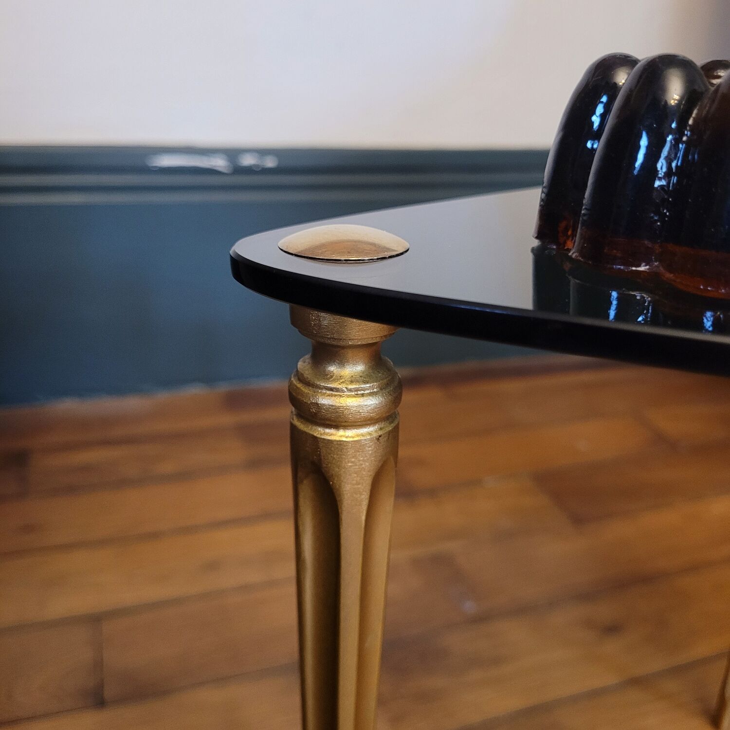 Tripod table in smoked glass – triangular top – 1950s–1960s