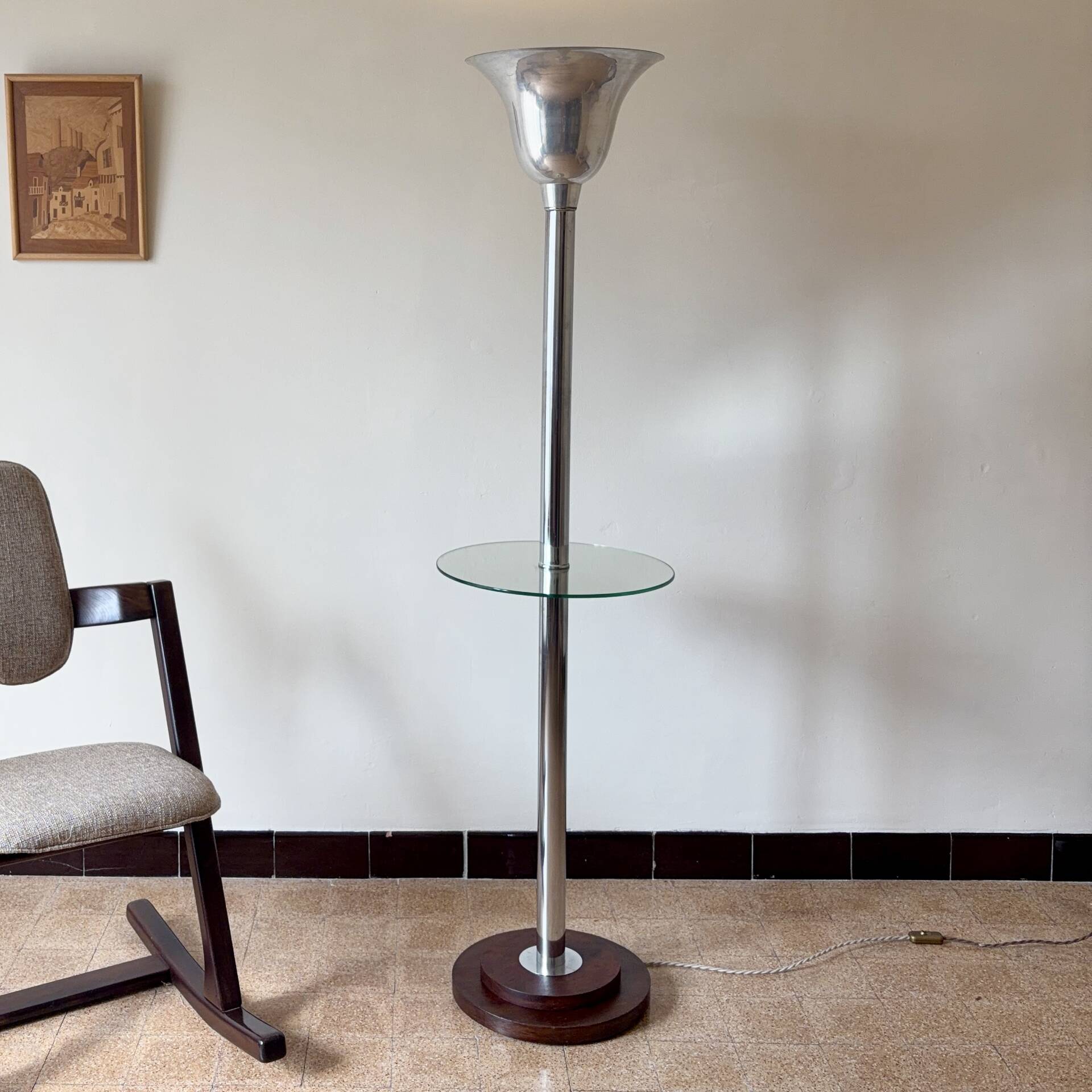 Lampadaire art déco, chrome et bois, 1930’s