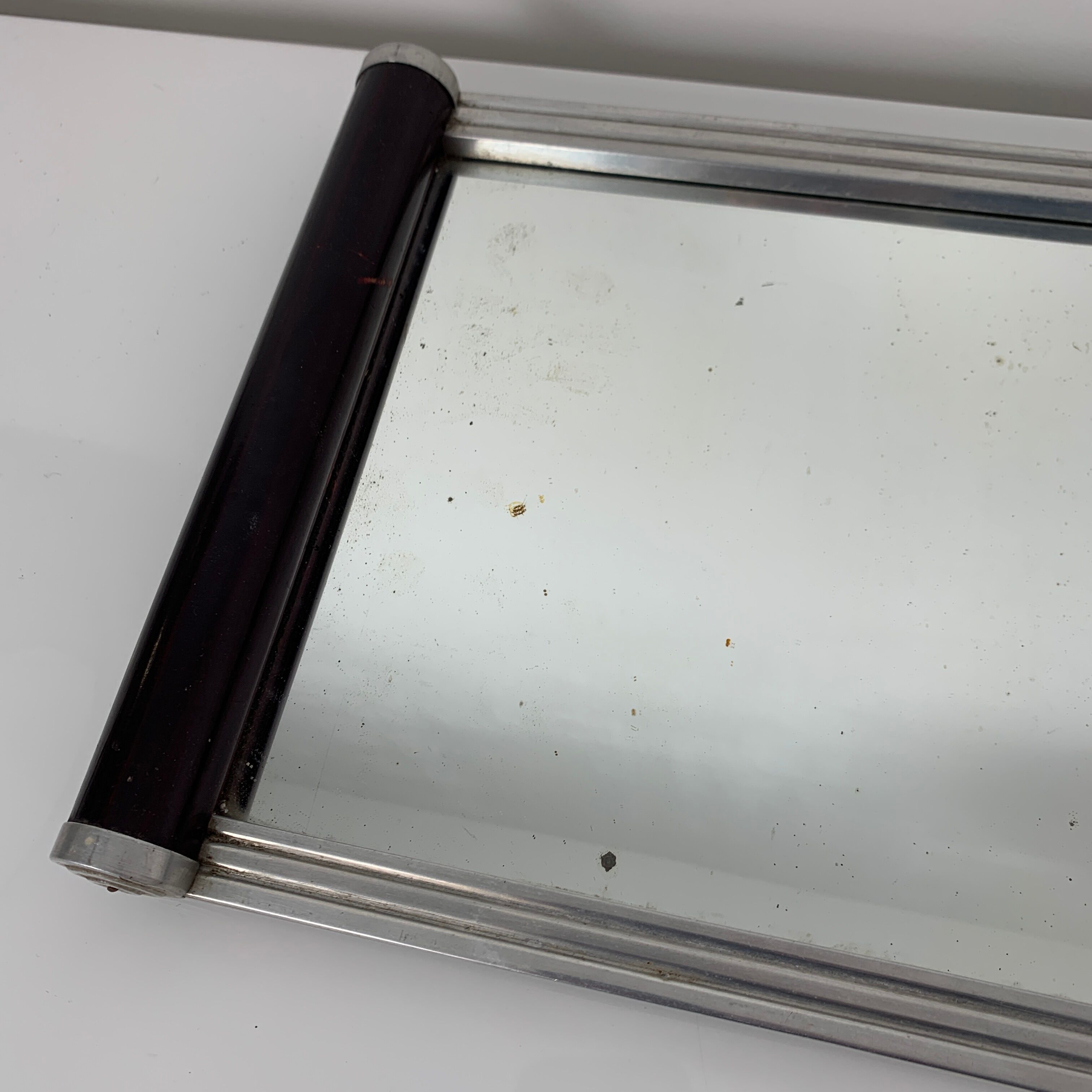 Mirror tray Art Deco old wooden handle aluminum baguette 1930 1940