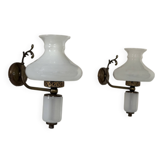 Pair of vintage wall lights, opaline glass and brass, France, 1970