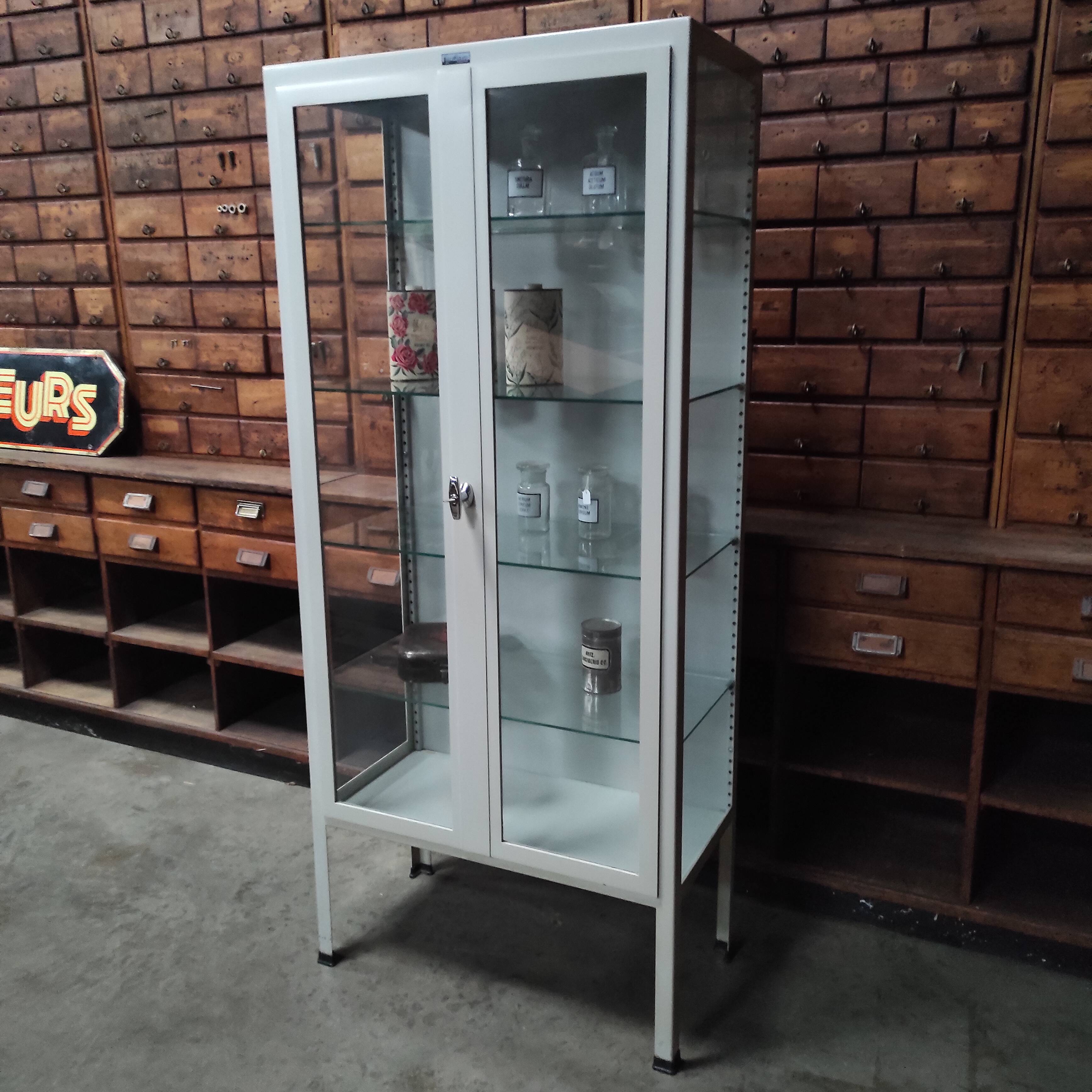 Vintage ManuBelge Medical Cabinet | Industrial Glass Display