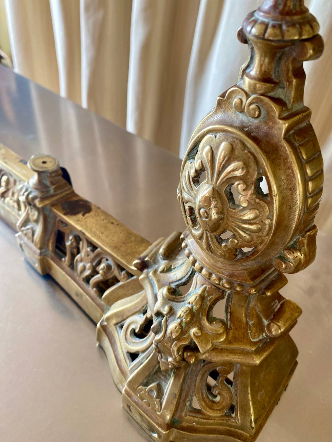3 gilded bronze fireplace accessories 2 andirons and 1 fire bar
