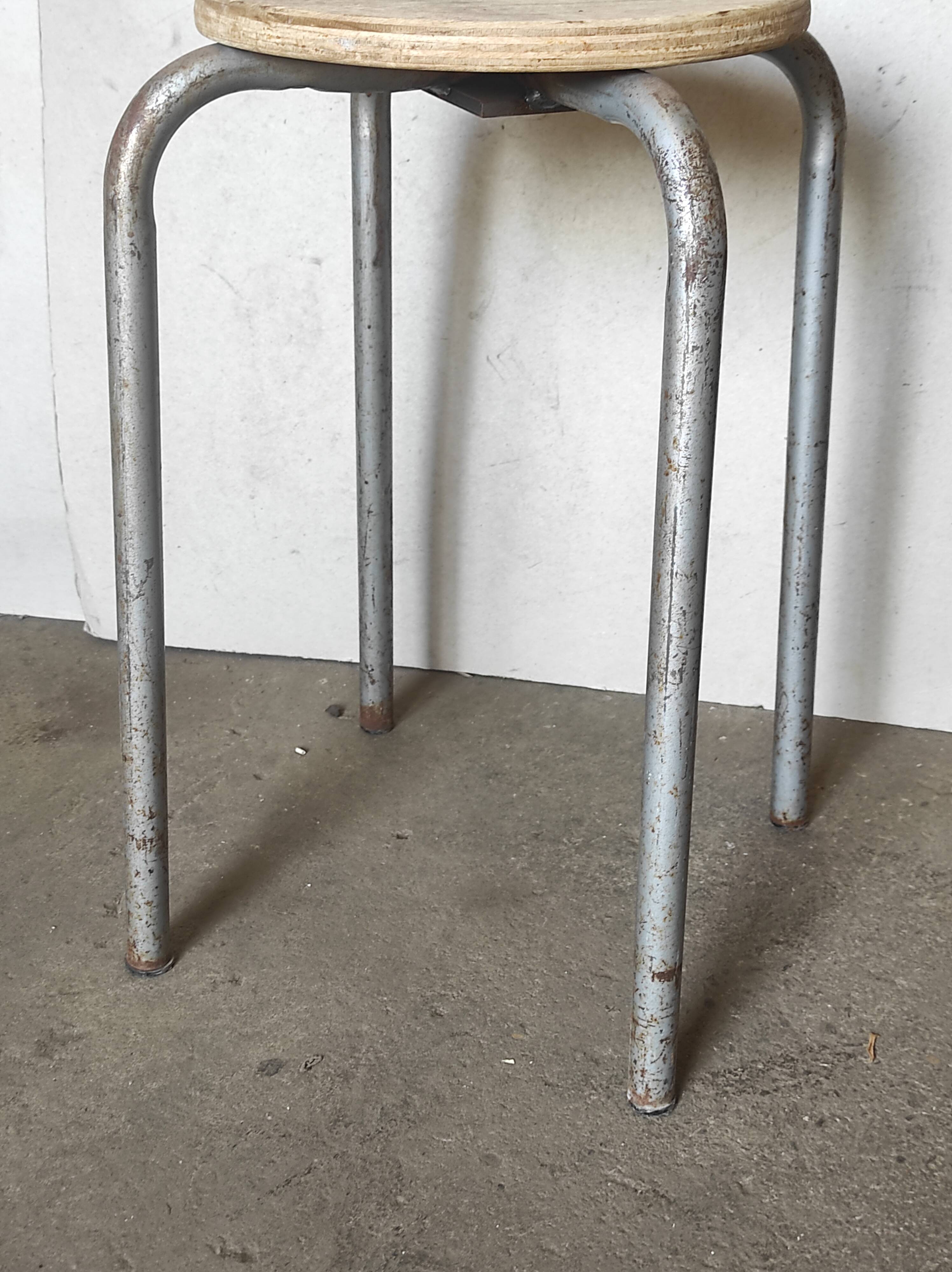 Metal workshop stool and wood seat