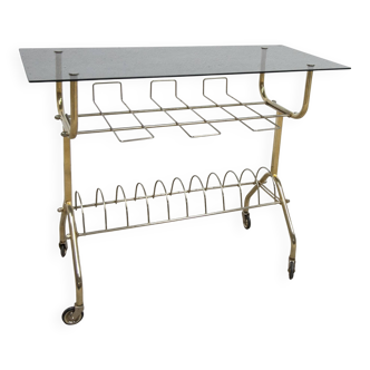Rolling serving cart, vinyl record cabinet, 1970s style, with wheels and smoked glass
