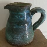 Vintage broc pitcher in enamelled sandstone with effect of blue shades, turquoise green signed