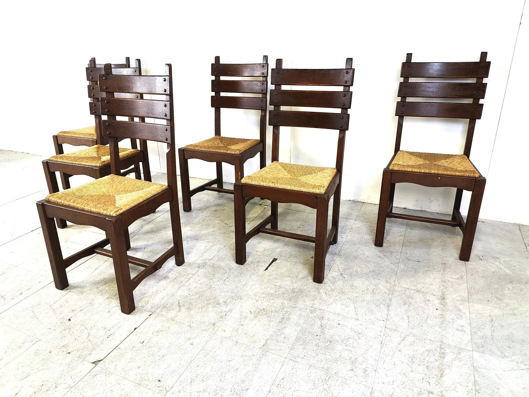 Vintage oak and wicker brutalist dining chairs, 1960s