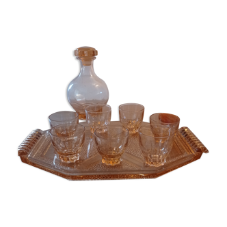 Liquor service 1960 art deco, Carafe, tray, 7 glasses