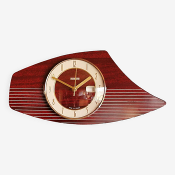Horloge formica vintage pendule murale silencieuse asymétrique "Bayard bois lignes"