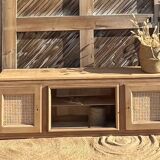 Meuble télé tv ancien en bois brut et cannage