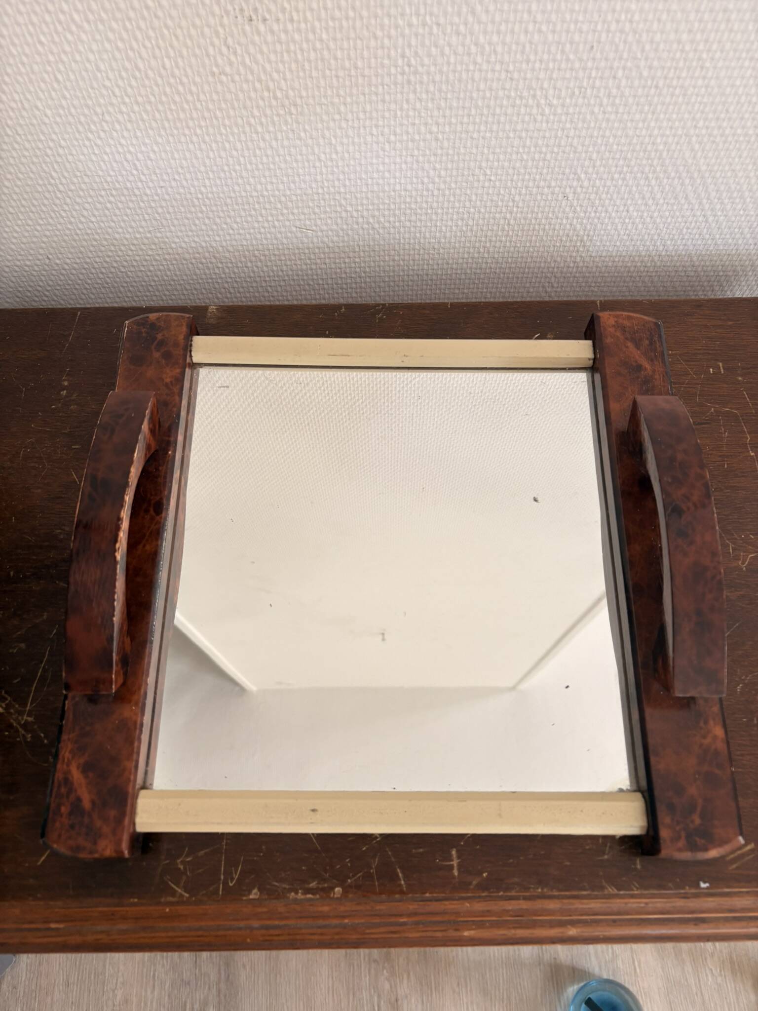 Vintage Serving Tray Aperitif Handle Thuya Walnut Art Deco Mirror Platter