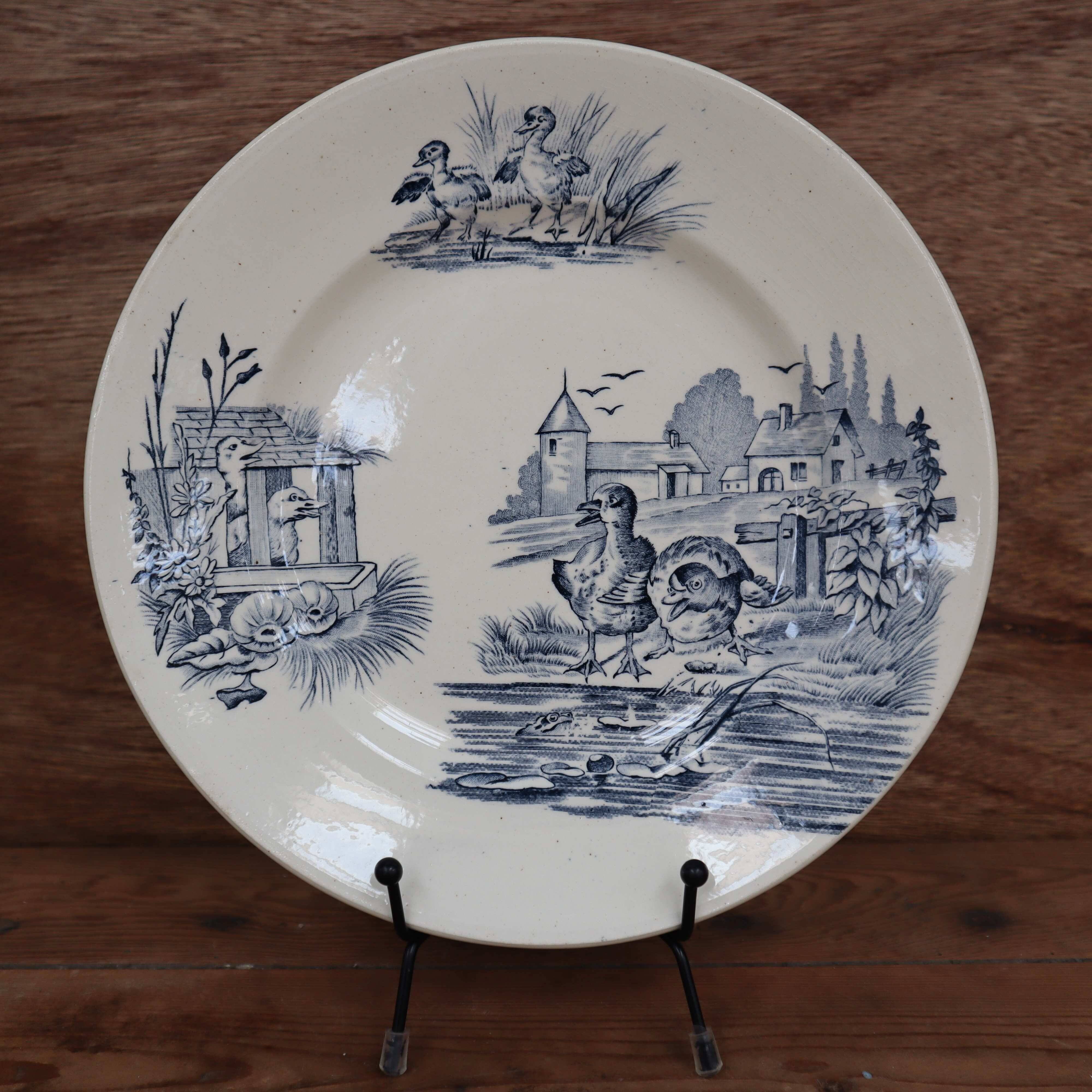 Rustic blue and white ironstone plate, duck and countryside decor