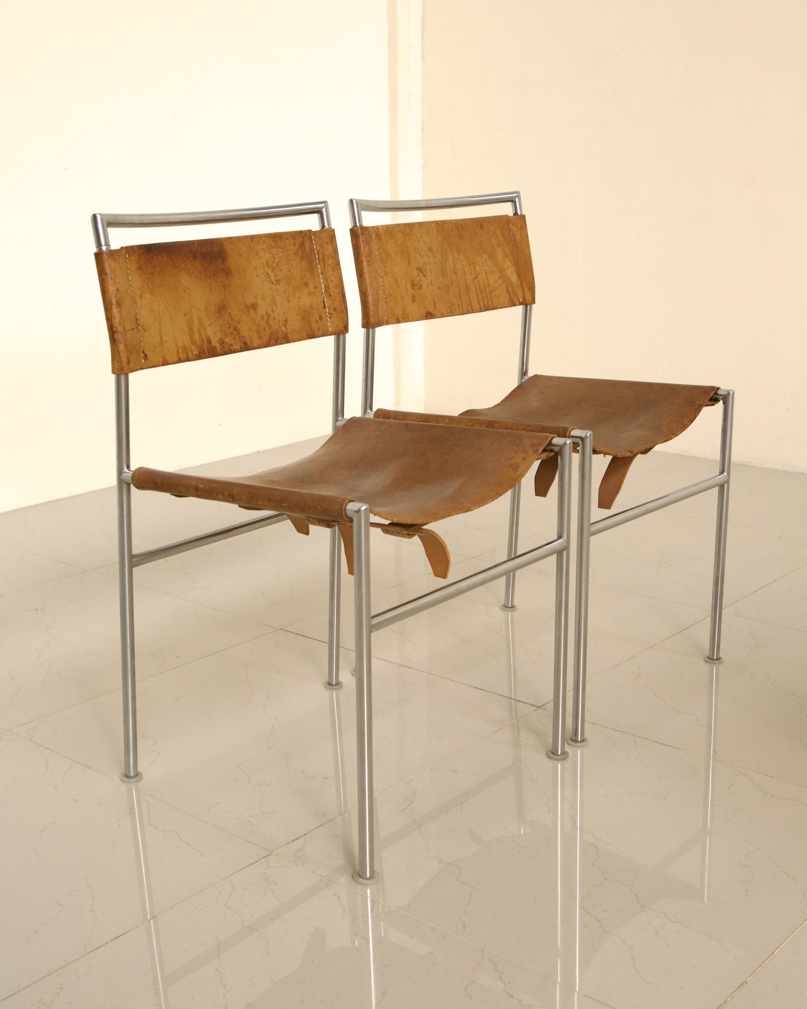 Set of 4 cognac leather chairs DLG Martin Visser 60's