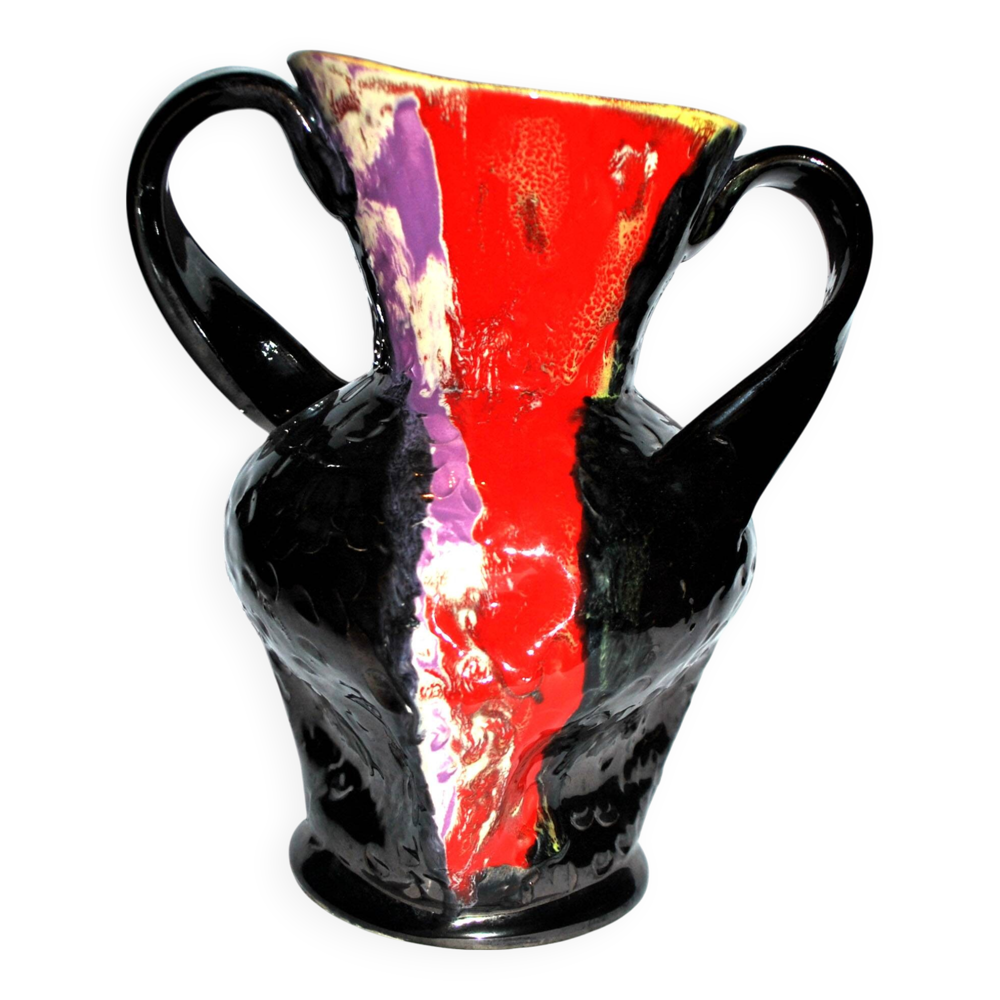 VALLAURIS ceramics Black and red enamelled vase with handle VINTAGE 1950-1960