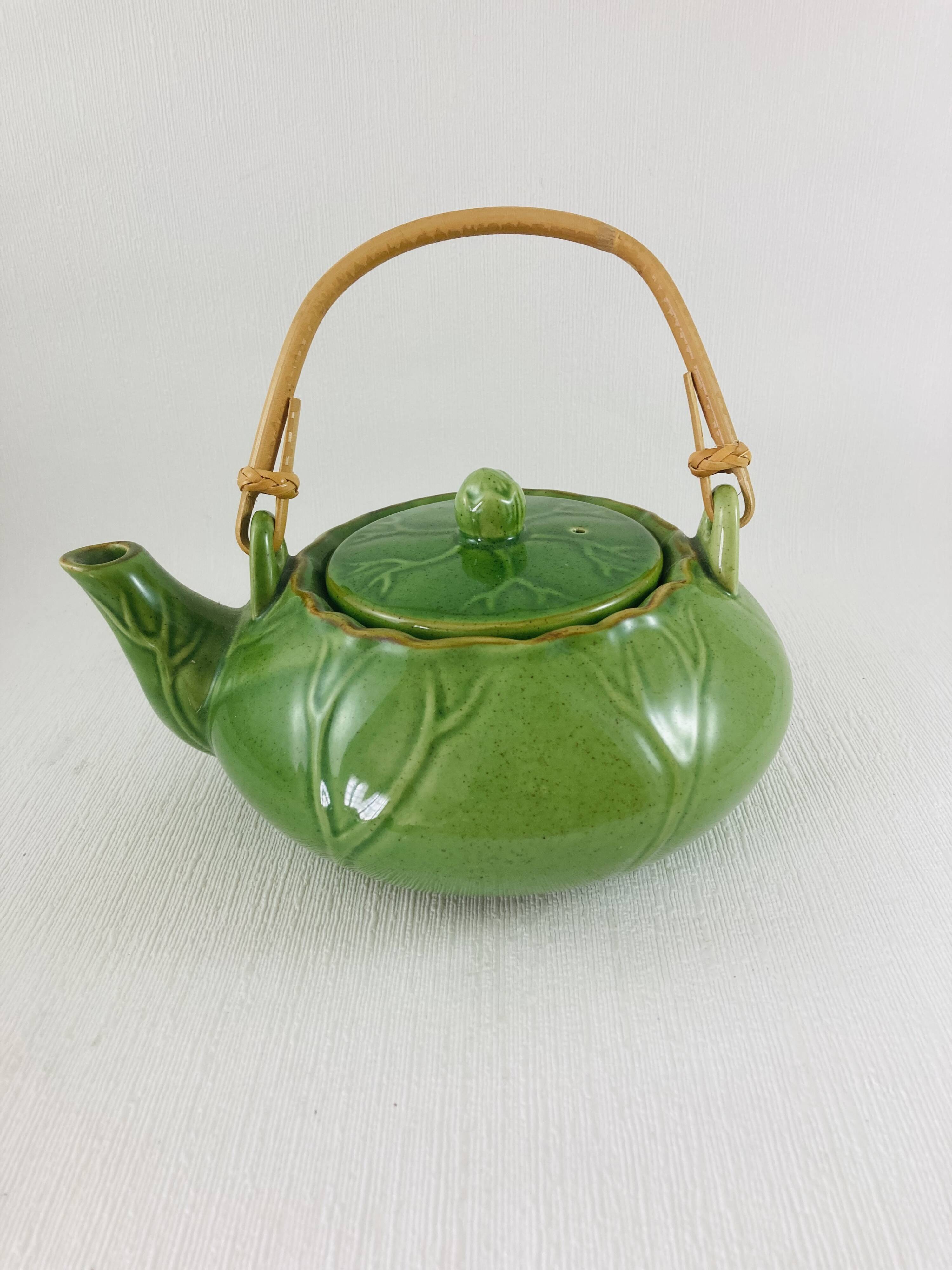 Green earthenware tea set with cabbage pattern, vintage 1970s.