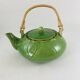 Green earthenware tea set with cabbage pattern, vintage 1970s.