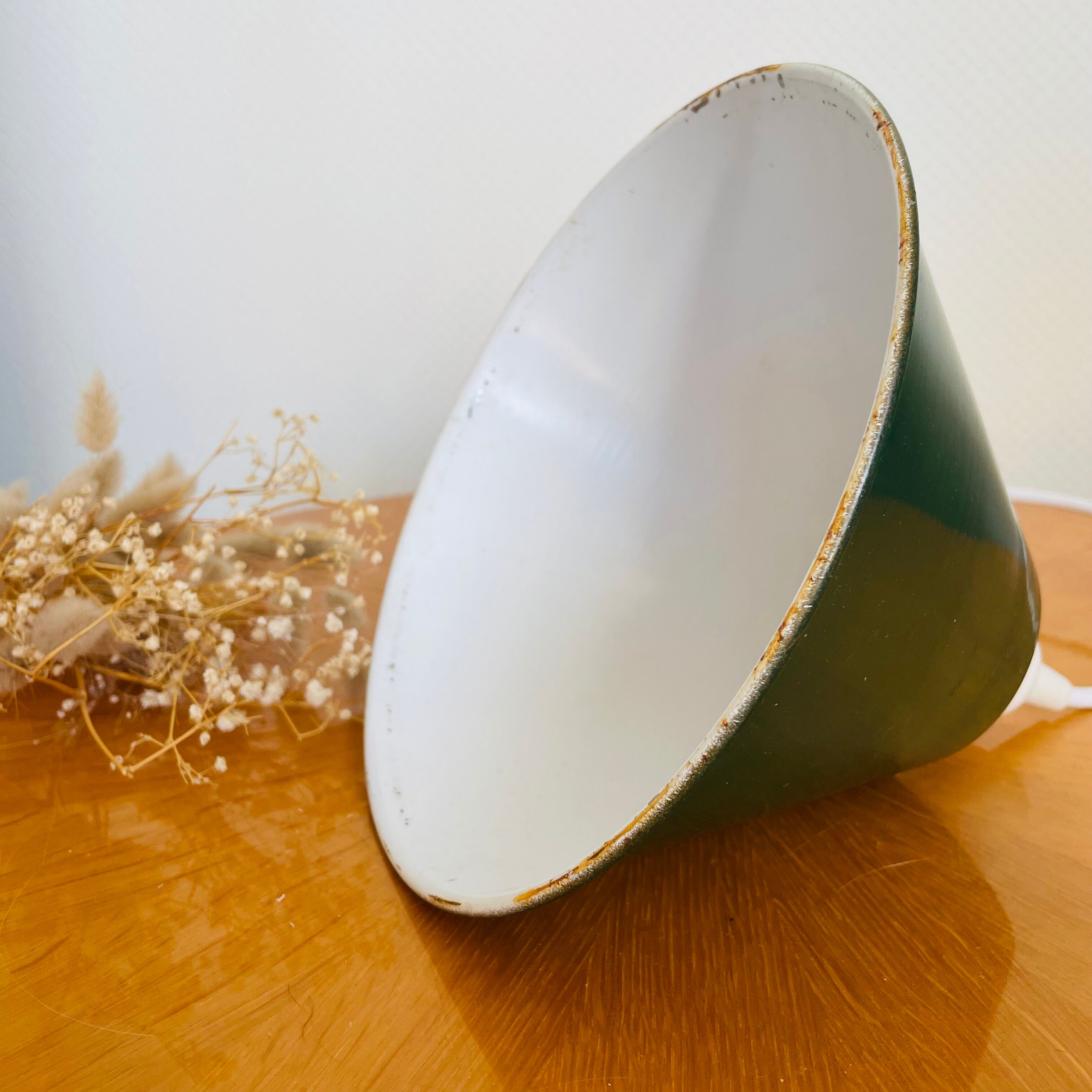 Vintage suspension lamp in green and white enamelled sheet metal