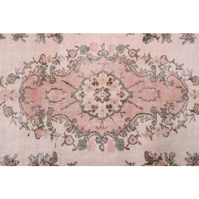 1970s Vintage Turkish Oushak Handmade Wool Cotton Pink Area Rug 173x293