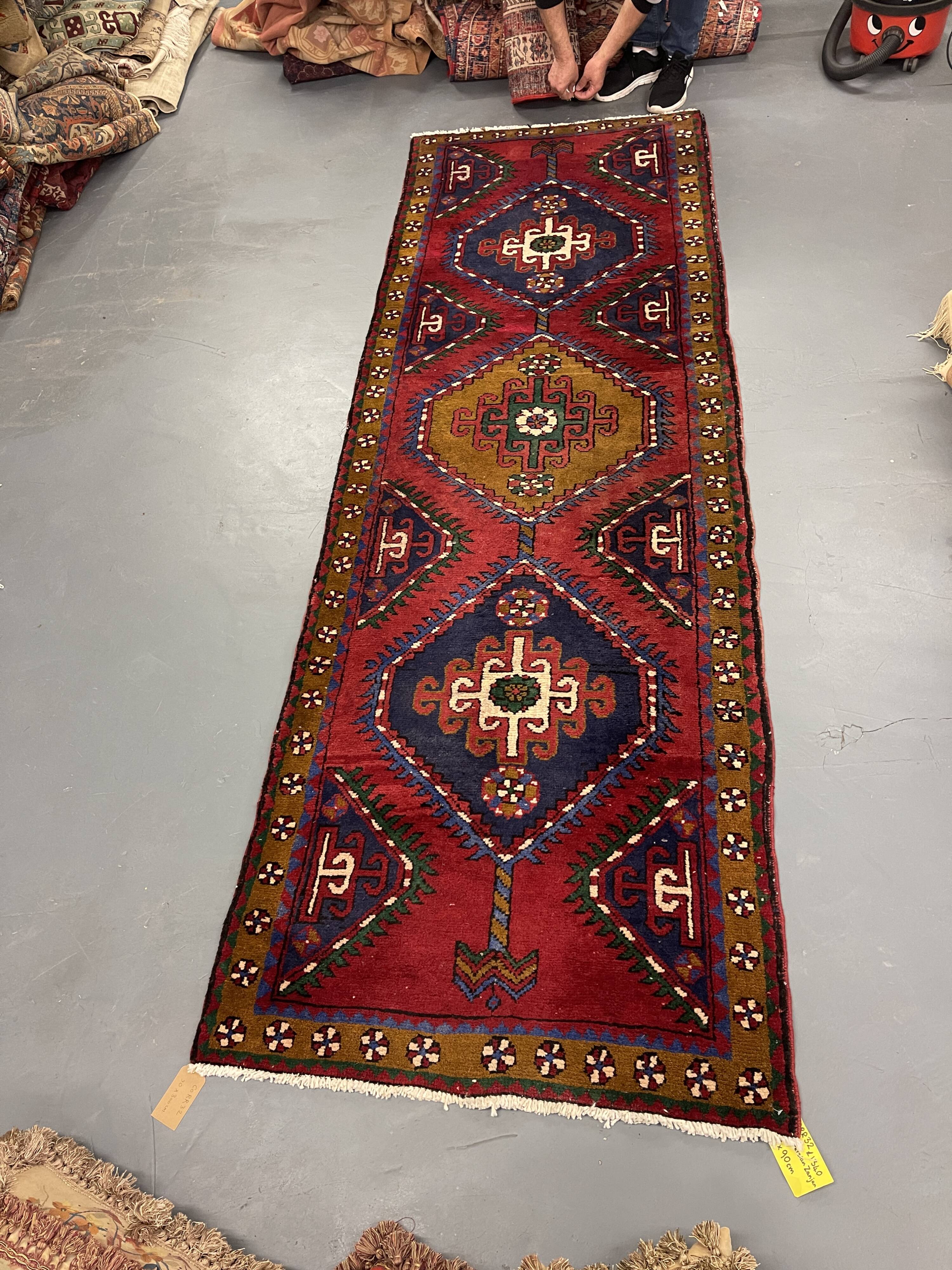 Vintage Geometric Burgundy Red Wool Runner Rug, 1950s Hand-Knotted Carpet