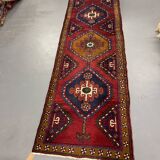 Vintage Geometric Burgundy Red Wool Runner Rug, 1950s Hand-Knotted Carpet