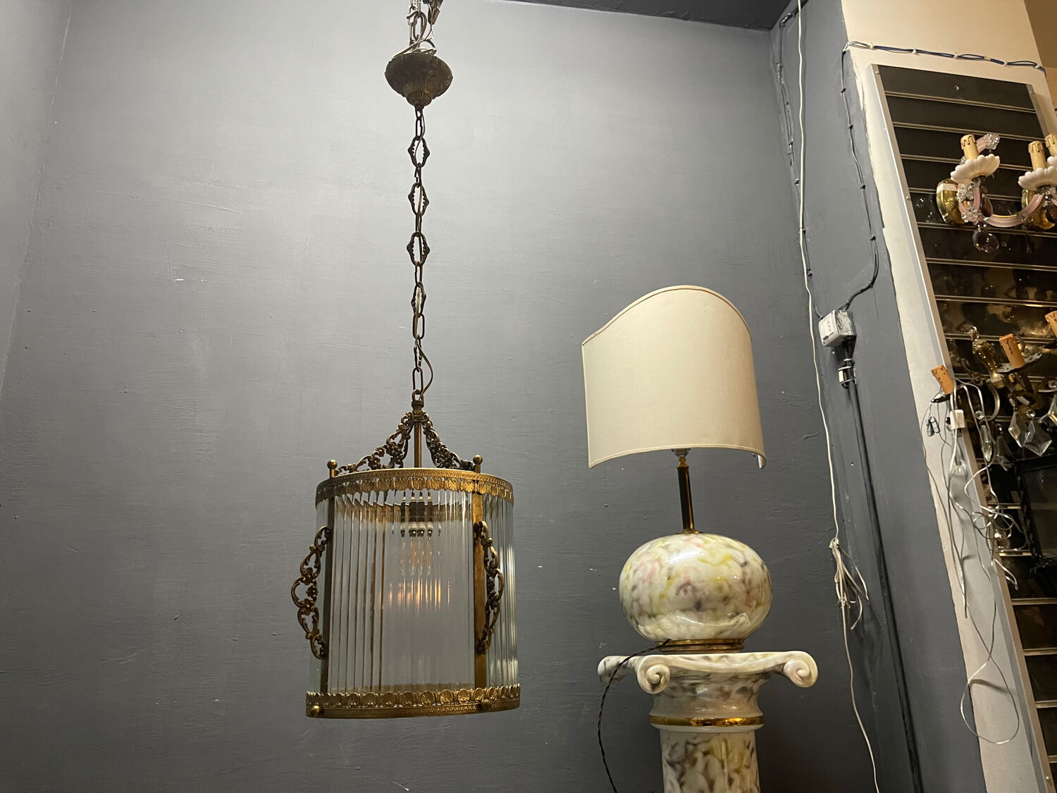 Brass Ribbed Glass Light Pendant 1950’s