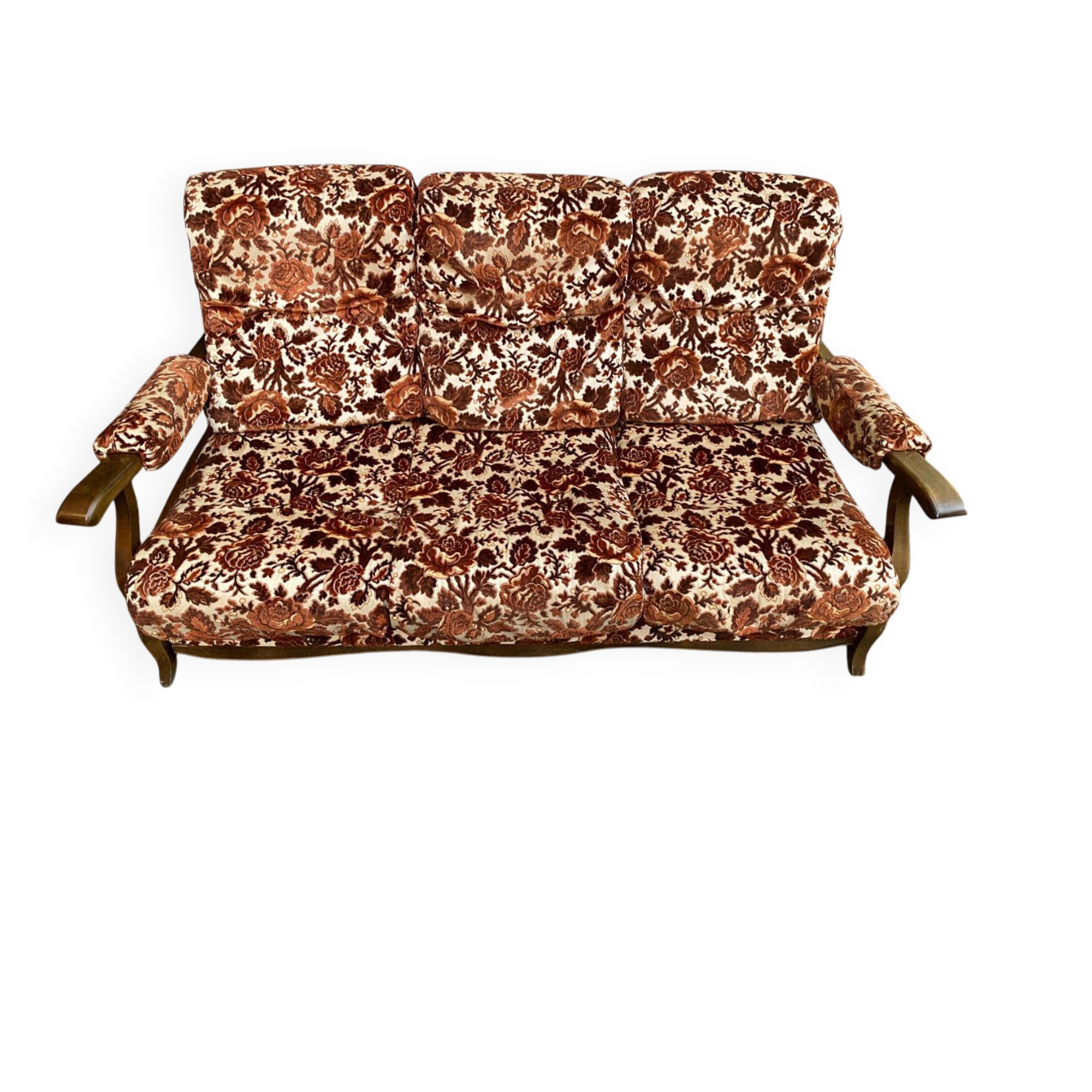 Vintage 70s 3-seater convertible sofa in floral velvet Méral France 1970