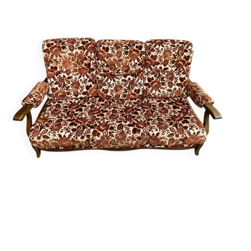 Canapé convertible 3 places vintage 70s en velours floral Méral France 1970