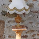 Vintage Neoclassical Alabaster Column and Lamp with Silken Lampeshade-60s