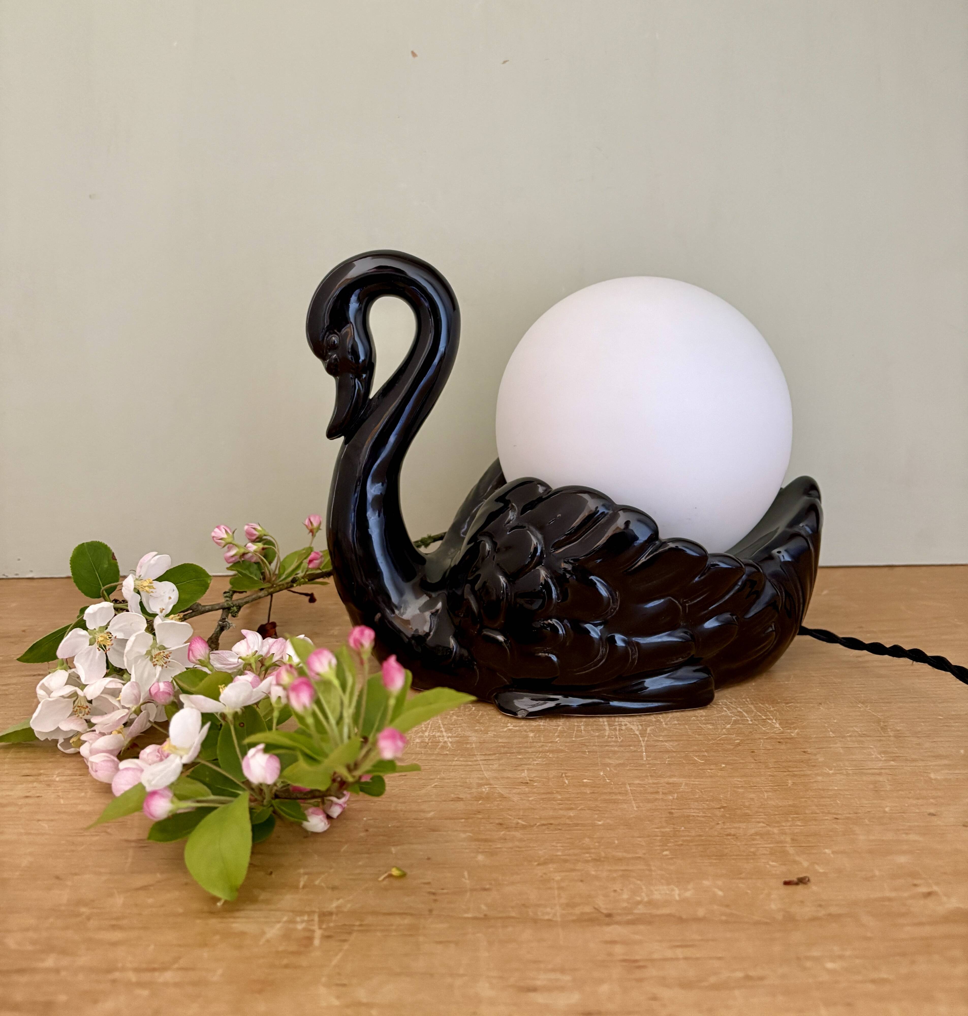 Vintage lamp, black ceramic swan and white opaline globe