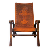 Tiahuanaco teak and tooled leather armchair by Angel Pazmino, Ecuador 1970s