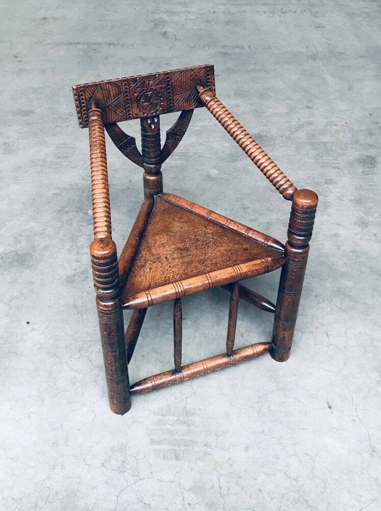 Brutalist Carved Oak Tripod Monk Chair, Sweden, 1930s