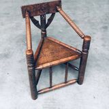 Brutalist Carved Oak Tripod Monk Chair, Sweden, 1930s