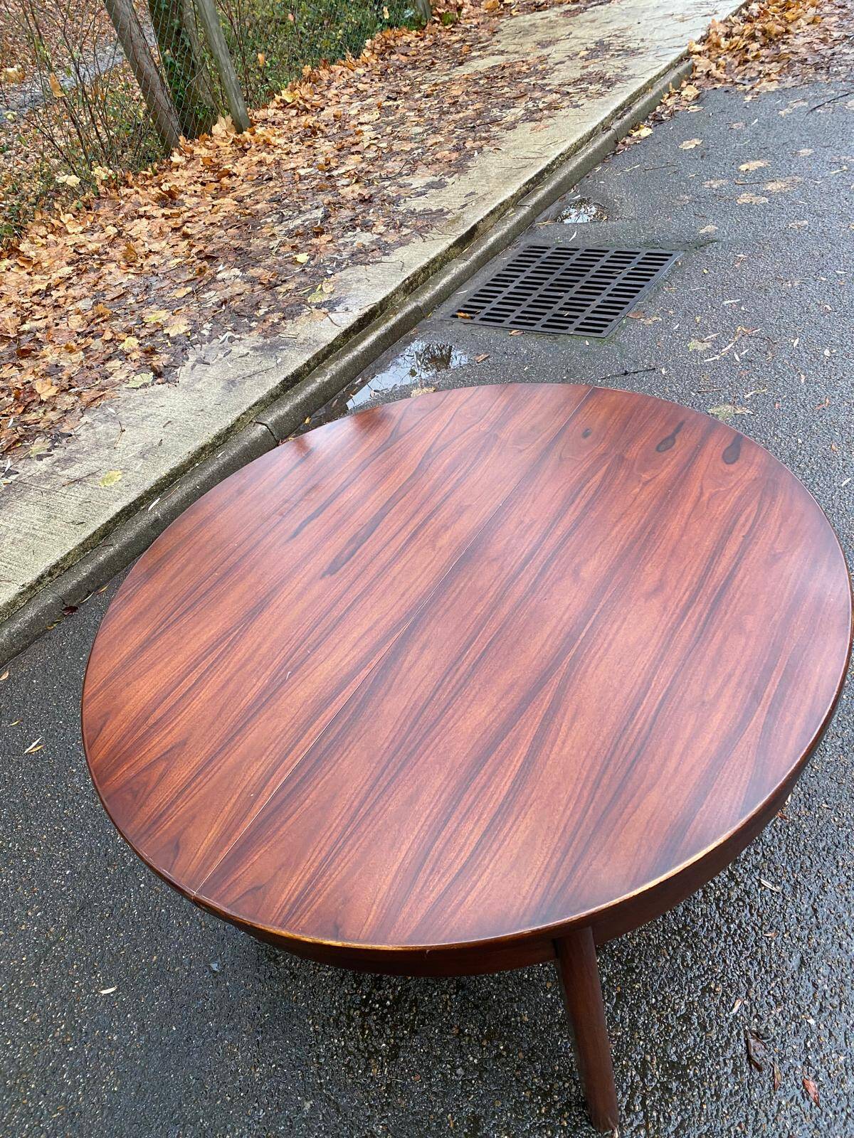 Scandinavian dining table and 4 Hans Olsen style chairs in teak and velvet.