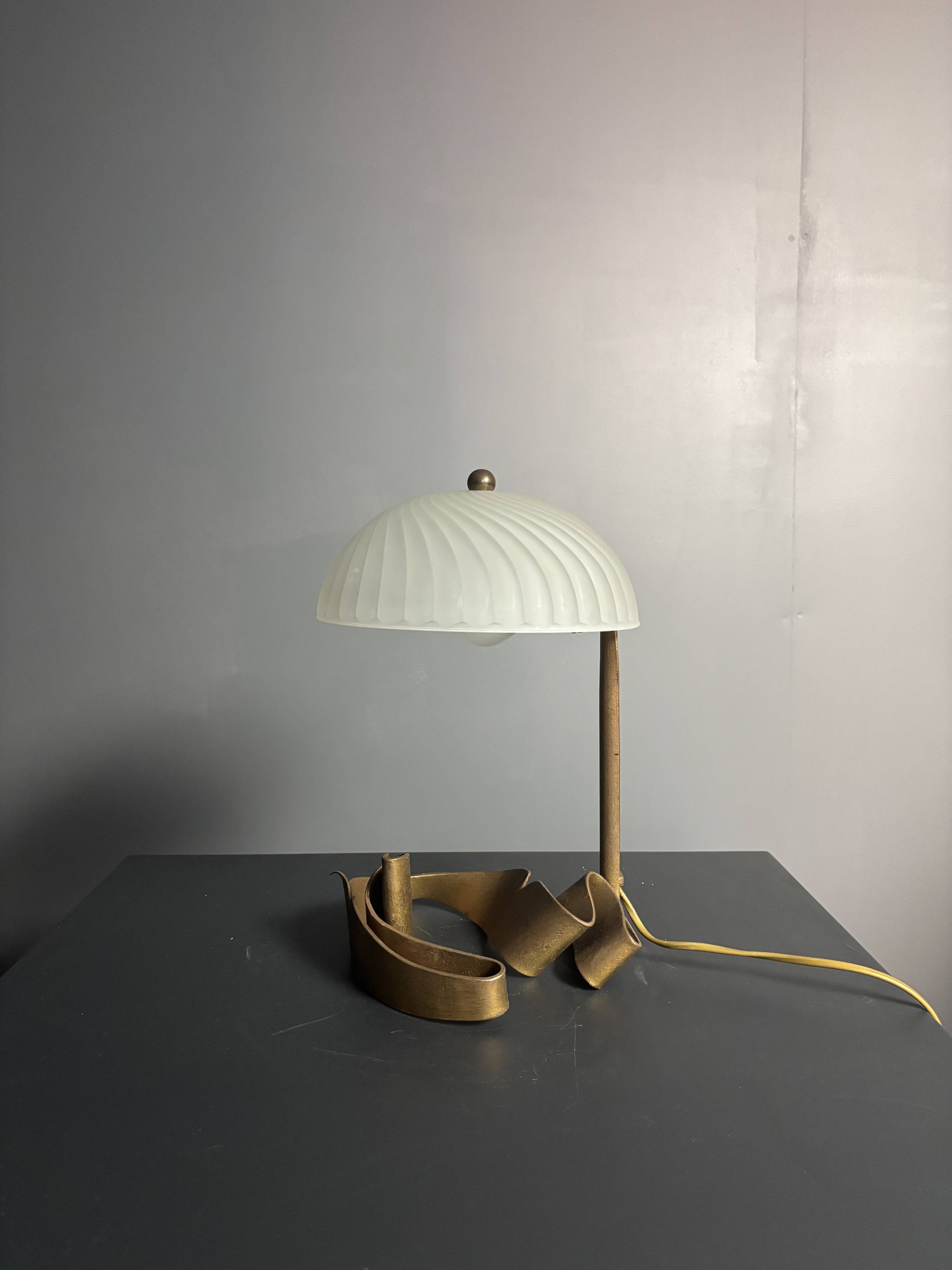 Artisanal hand made brutalist art deco style wrought iron desk lamp, 1980s