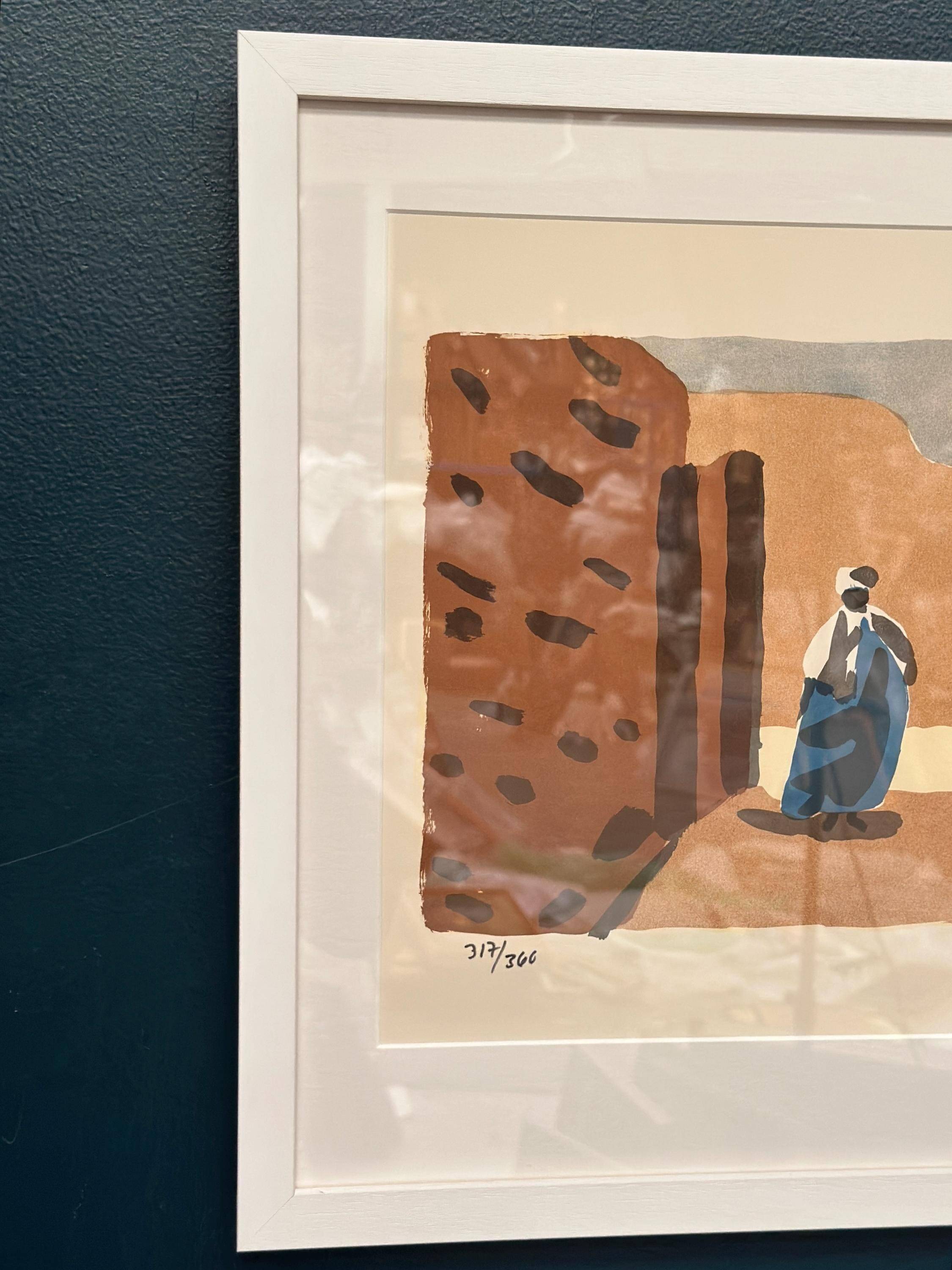 Original Swedish Color Lithograph – “Figure in a Sunlit Desert” by Lars Norrman