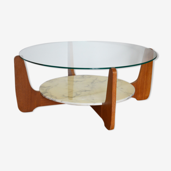 Table basse Hugues Poignant marbre verre et teck années 60