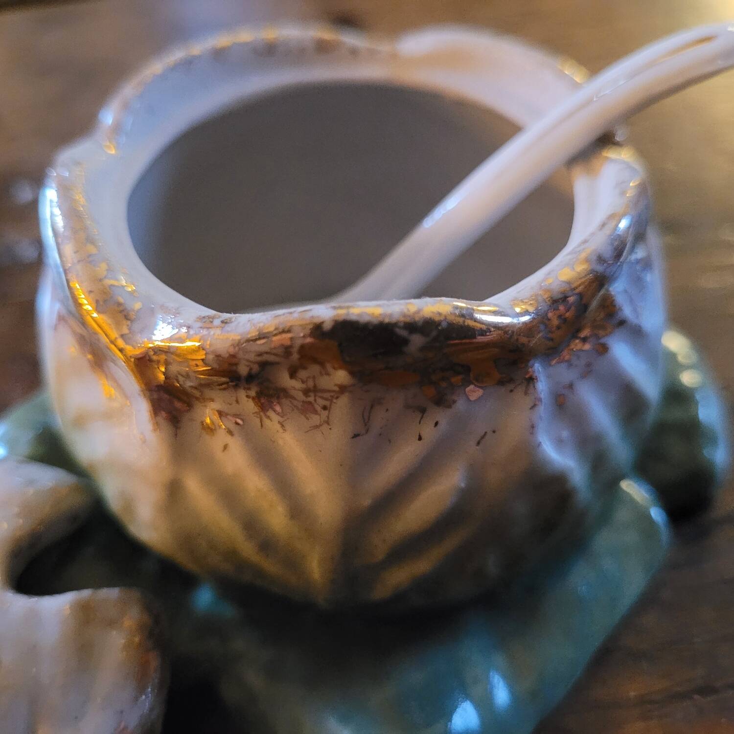 Antique mustard pot porcelain - Cabbage and butterfly - Barbotine 19th century