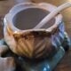 Antique mustard pot porcelain - Cabbage and butterfly - Barbotine 19th century
