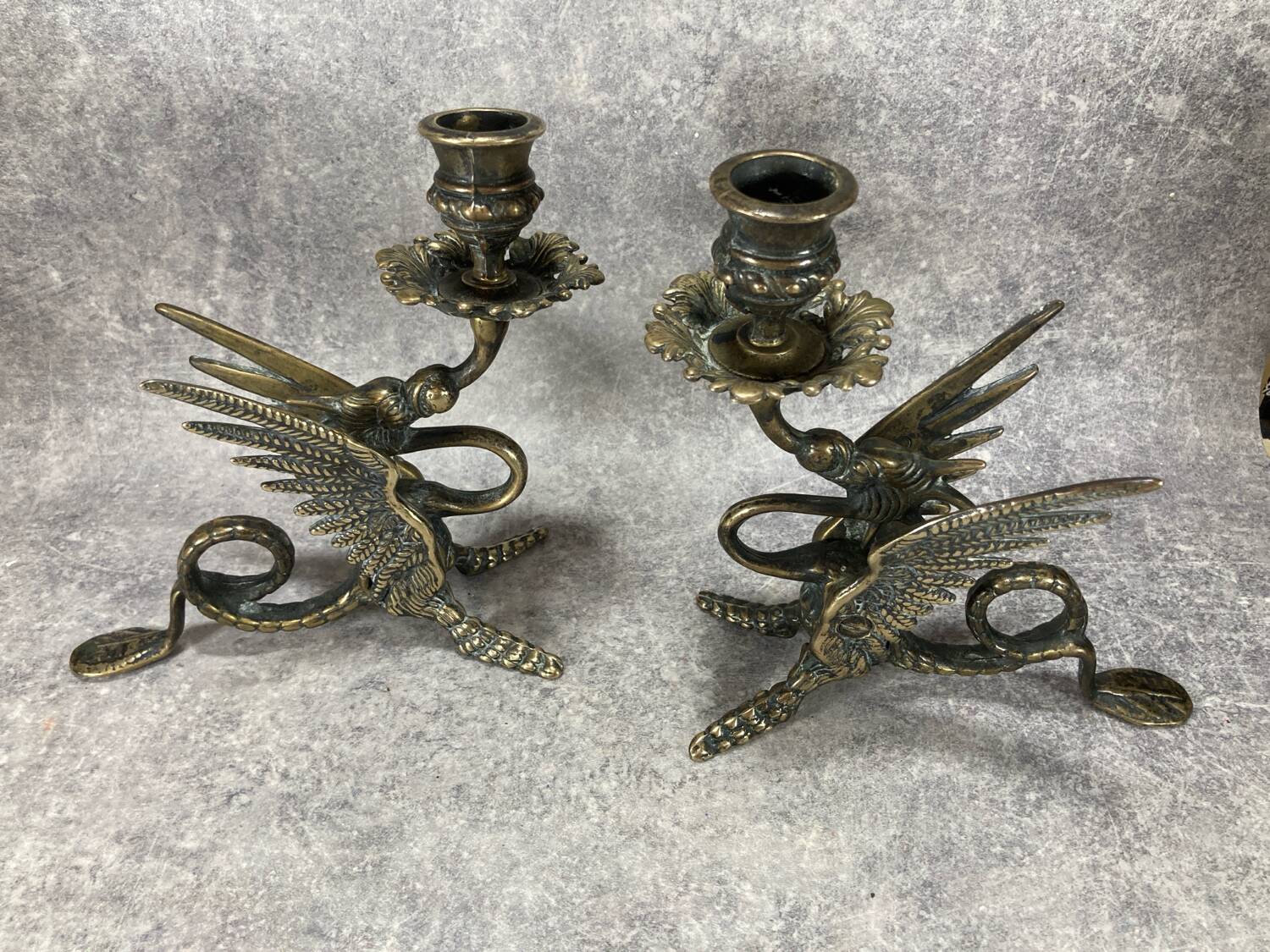 Pair of candlesticks. Chimera Dragon. Gilded brass. Fantastic bestiary