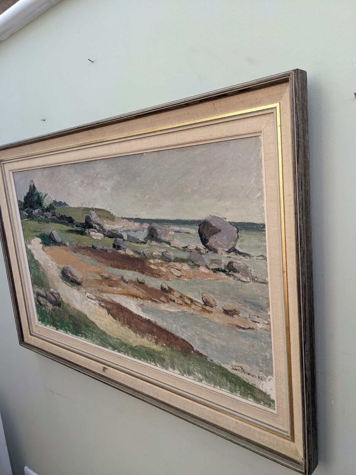 1962 Mid-Century Modern "Rockpools" Swedish Landscape Oil Painting, Framed