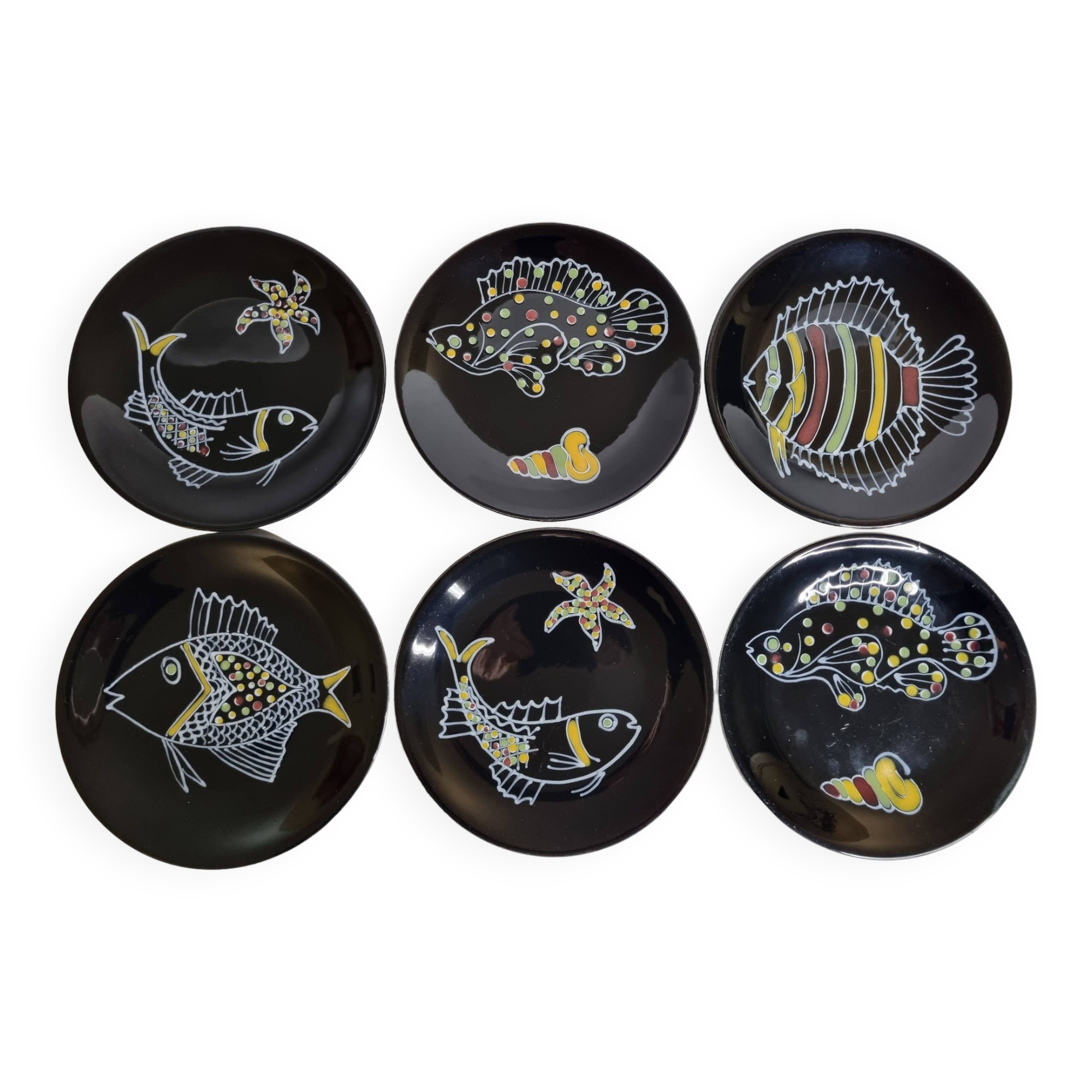 Set of 6 vintage plates with fish decoration after Robert Picault, 1960, 24 cm