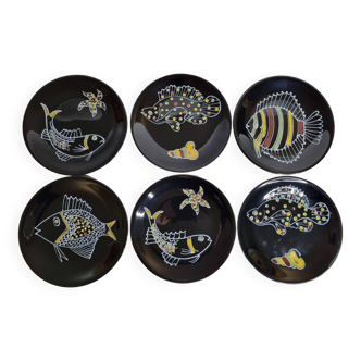 Set of 6 vintage plates with fish decoration after Robert Picault, 1960, 24 cm
