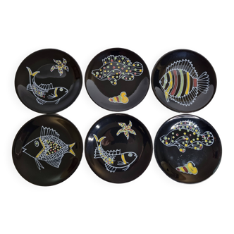 Ensemble de 6 assiettes vintage à décor de poissons d'après Robert Picault, 1960, 24 cm