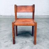 Elm and Cognac Leather Dining Room Chairs Set in the style of Pierre Chapo, Italy, 1960s, Set of 4