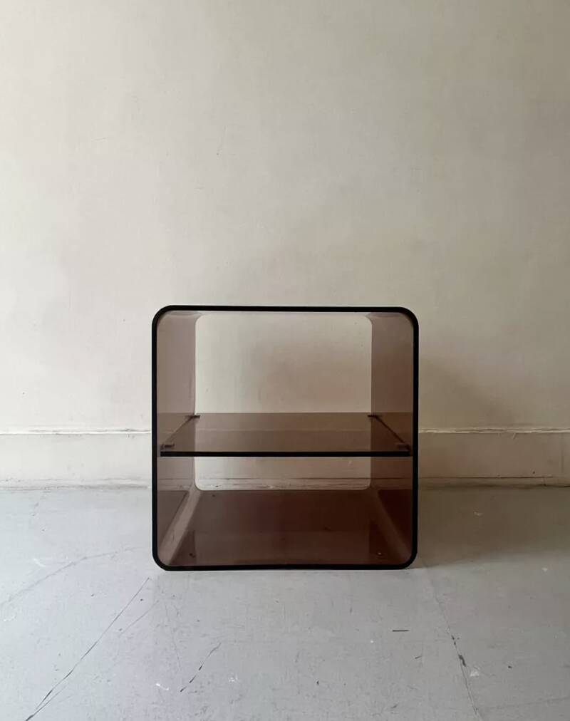 Smoked plexiglass side table/bedside table, M. Dumas for Roche Bobois 1970