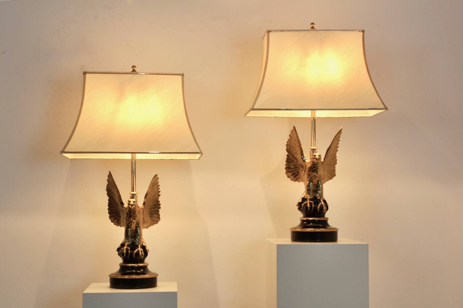 Pair of large Belgian brass carved eagle table lamps