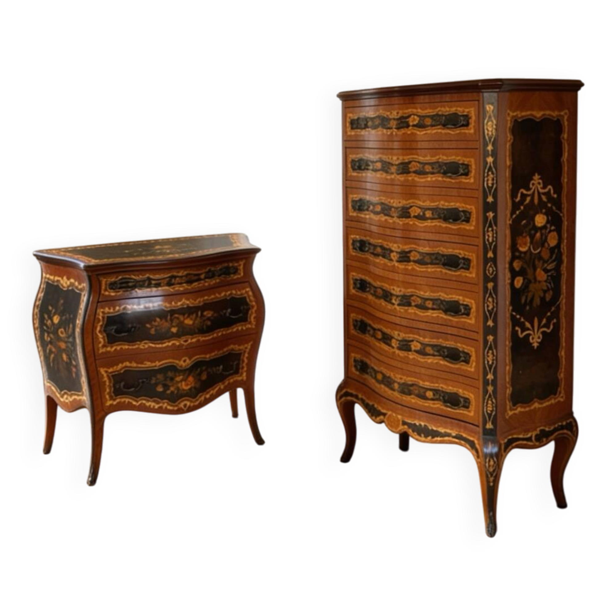 Wooden bedroom suite with inlays in mid-century Italian style, by Pacifici Prete, Rome.