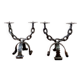 Pair of wrought iron chain candlesticks, Spain