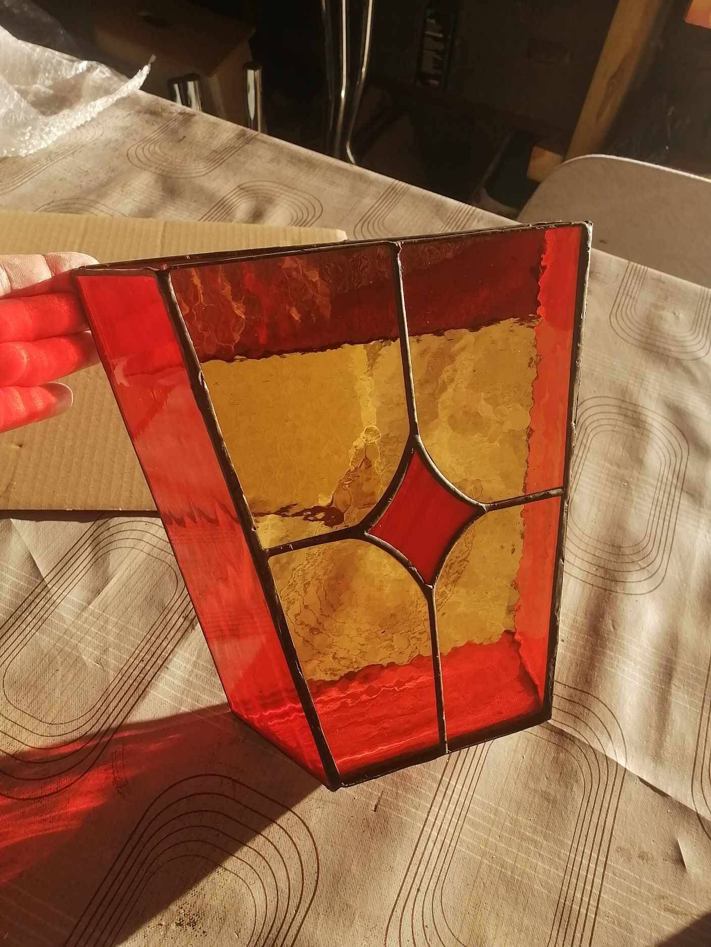Pair of vintage stained glass and glass paste wall lights.