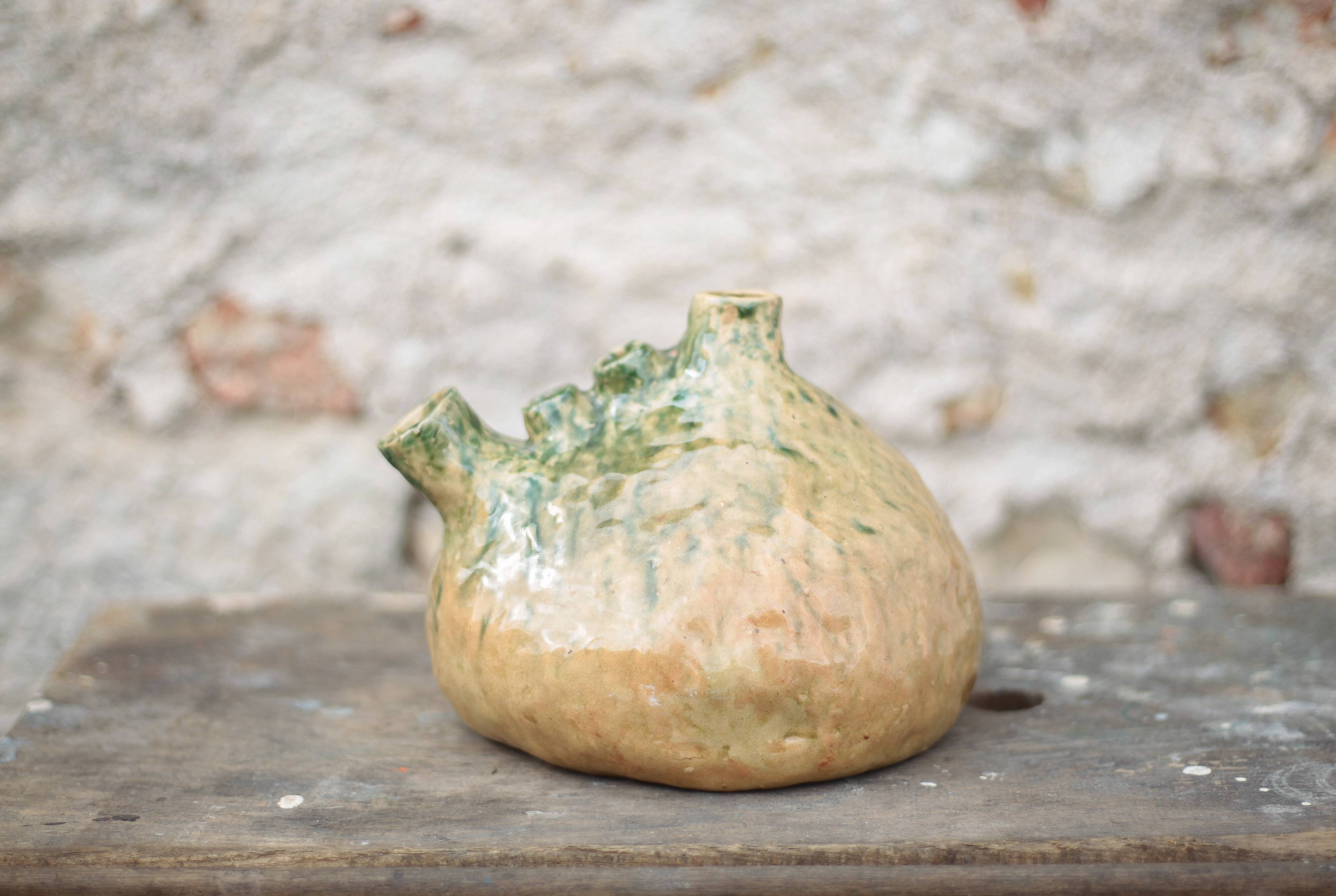 Vintage glazed ceramic soliflore, La Borne pottery, countryside, brutalist.