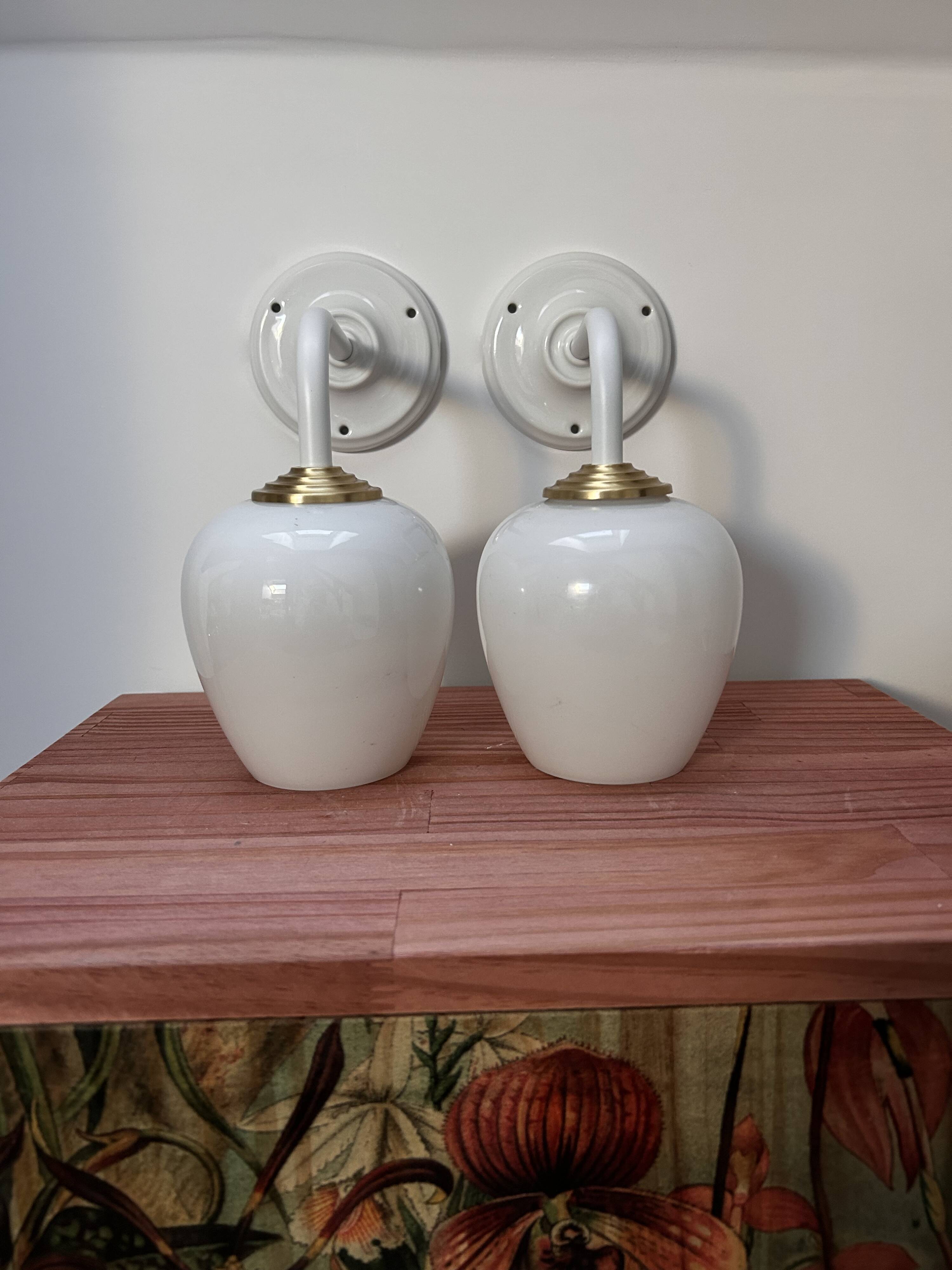 Pair of vintage white opaline wall lights